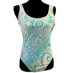 SHORE SHAPES MOSAIC FLORAL ONE PIECE SWIMSUIT BLUE WHITE SIZE 12 NEW WITHOUT TAG